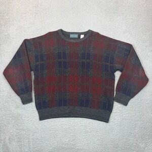 Kenneth Roberts Vintage Plaid Wool Blend Sweater Mens Large Grey Red Blue Italy